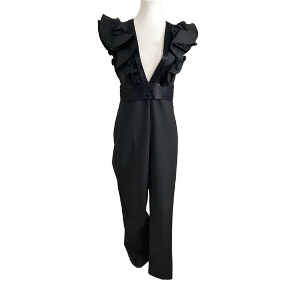 ZARA BLACK RUFFLE V-NECK SATIN WAISTLINE JUMPSUIT STYLE 8758/413/800 - S - Picture 3 of 12